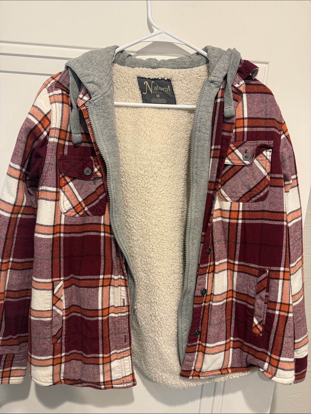 Natural Reflections Burgundy Plaid Sherpa-Lined Hooded Utility Jacket